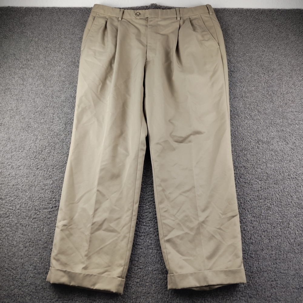 Berle Mens Pleated Chino Pants Khaki Tan Cuffed Twill Trousers 37x27.5